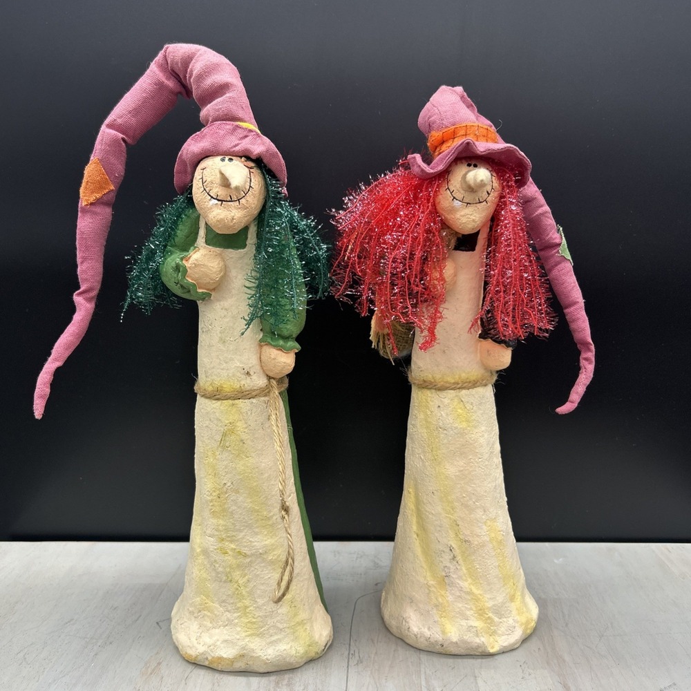 Grungy Halloween Primitive Paper Mache Witches 15" Set of 2